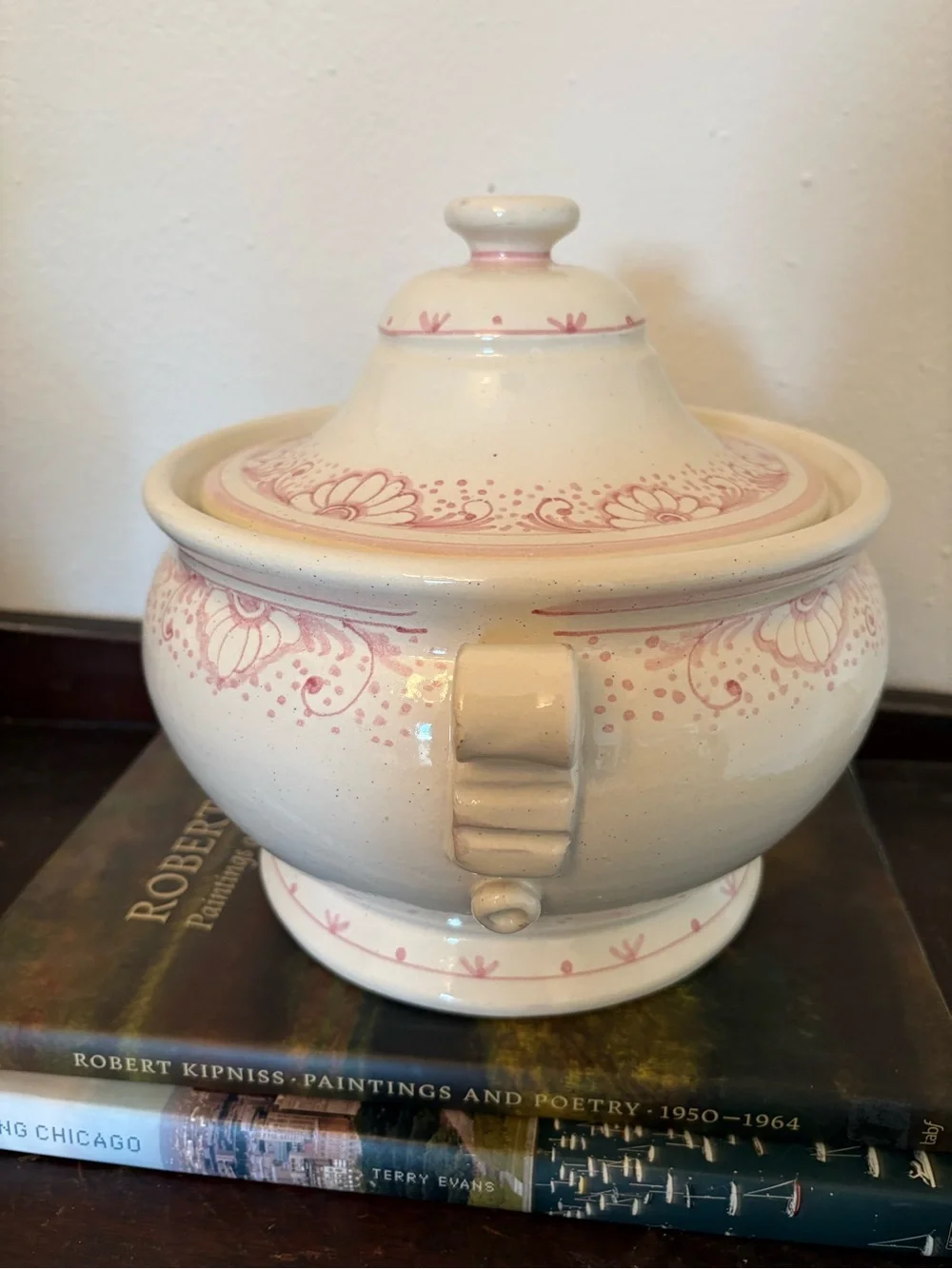 Vintage || Hand Painted Soup Tureen Lidded Floral Cream Pink Italy